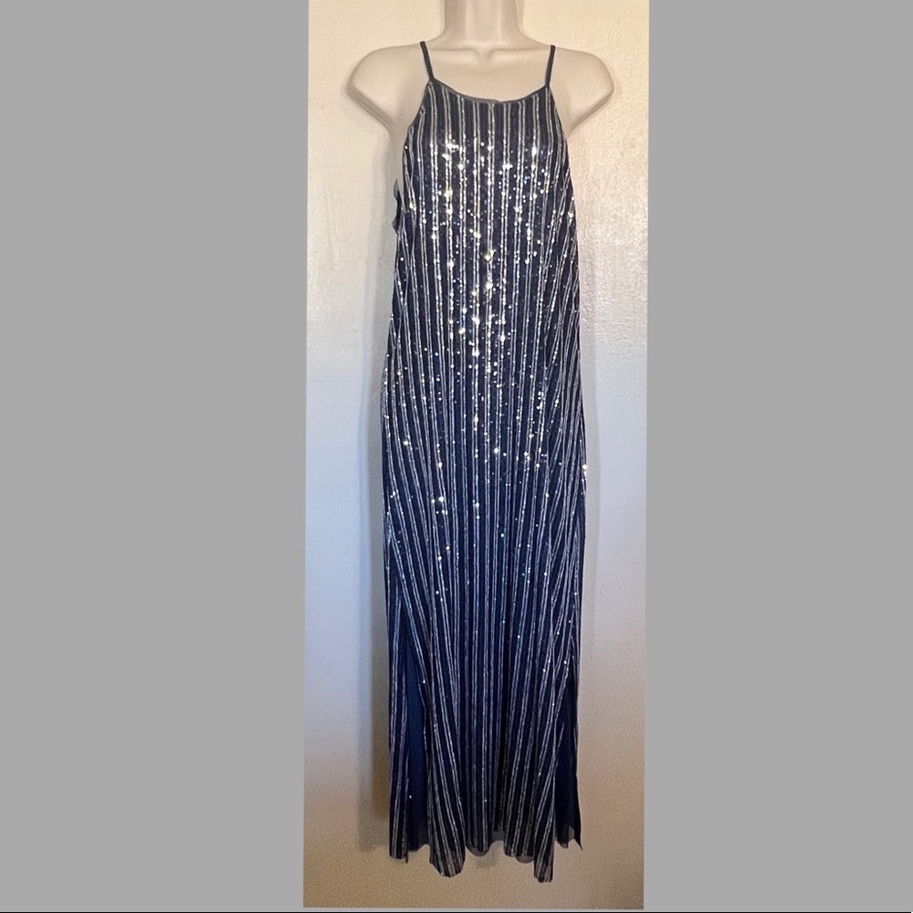 Lalavon. Navy Spaghetti Strap Sequin Dress